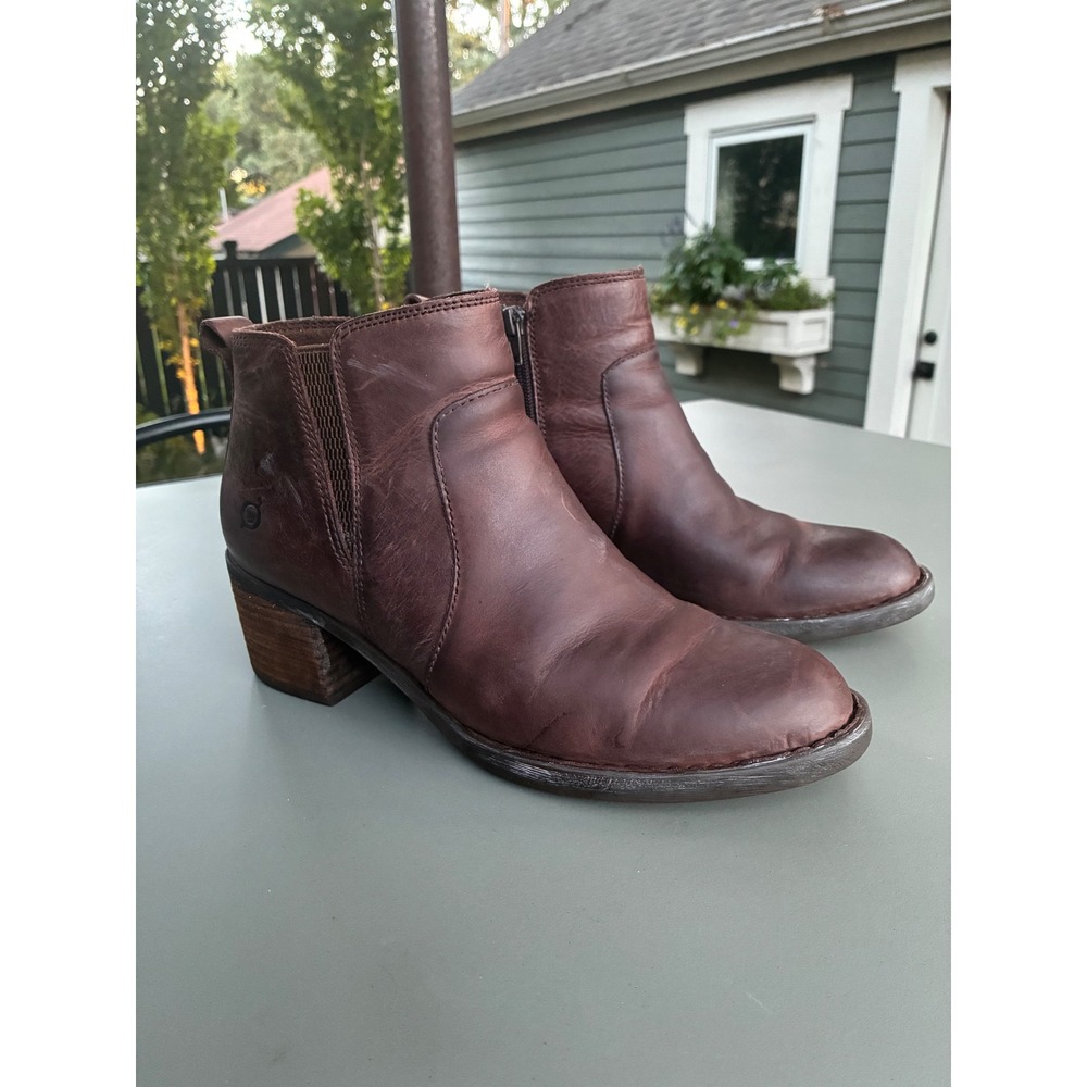 Born Brown Rigby Leather Ankle Stacked Heel Zip Booties 9M Gorpcore Western